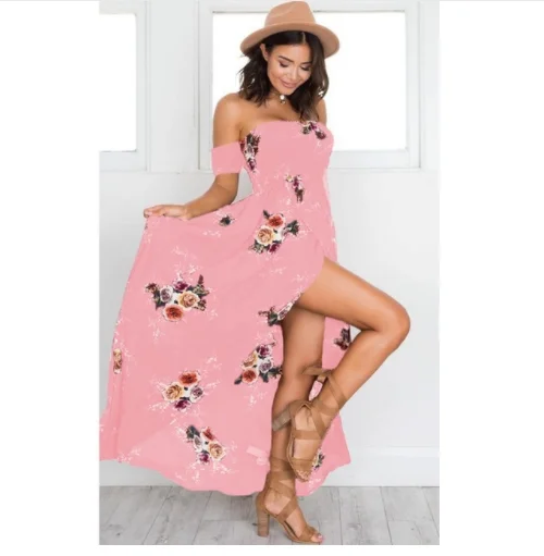 Бохо стиль длинное платье женское с открытыми плечами пляжные летние платья цветочный принт винтажное шифоновое макси платье Vestidos размера плюс - Цвет: Розовый