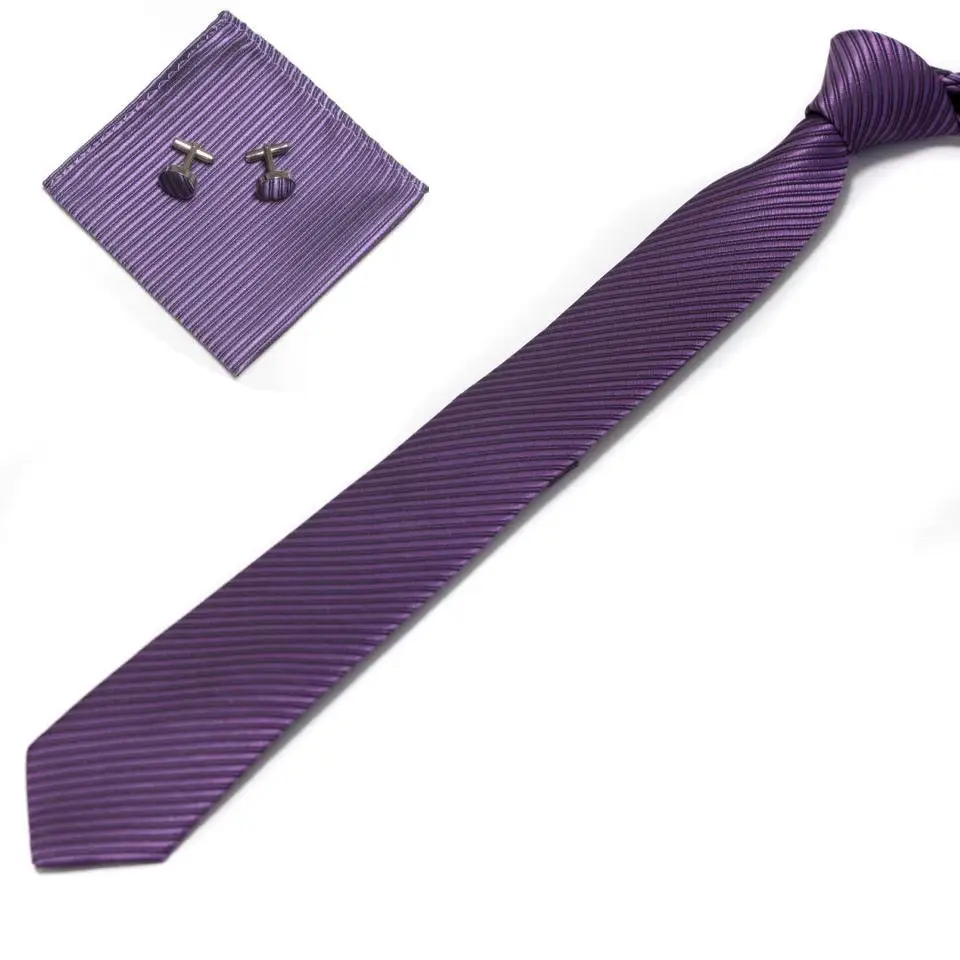 HOOYI солидный мужской тонкий галстук набор запонки Карманный квадратный платок - Цвет: Purple grey
