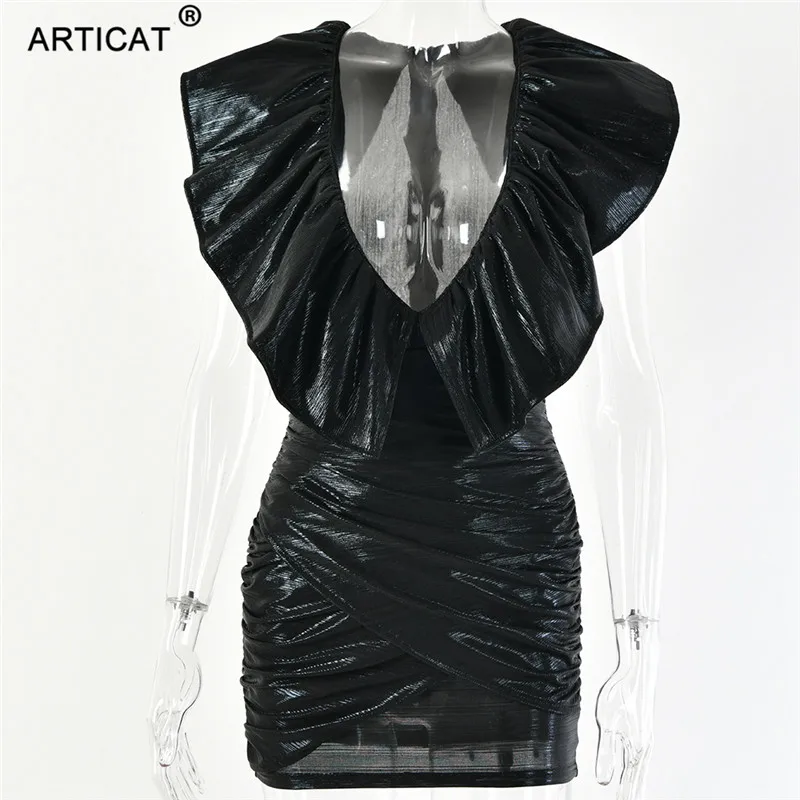 Articat Sexy Deep V Neck Ruffles Party Dress Women Sleeveless Bodycon Summer Dress Black Pleated Short Dress Clubwear Vestidos