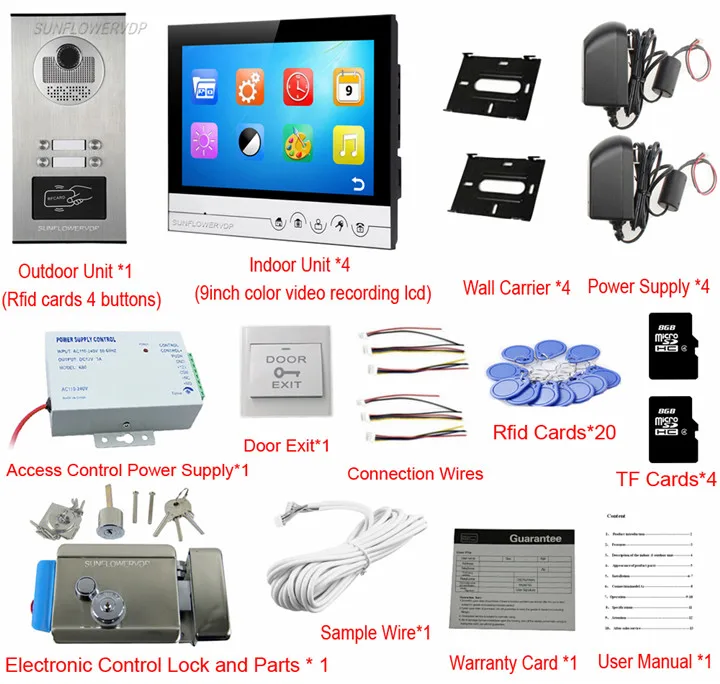 8 ГБ запись на карту tf 4 единицы видео телефон двери 9 дюйм(ов) цветные мониторы Rfid брелок домофон с камерой дверной звонок с замком