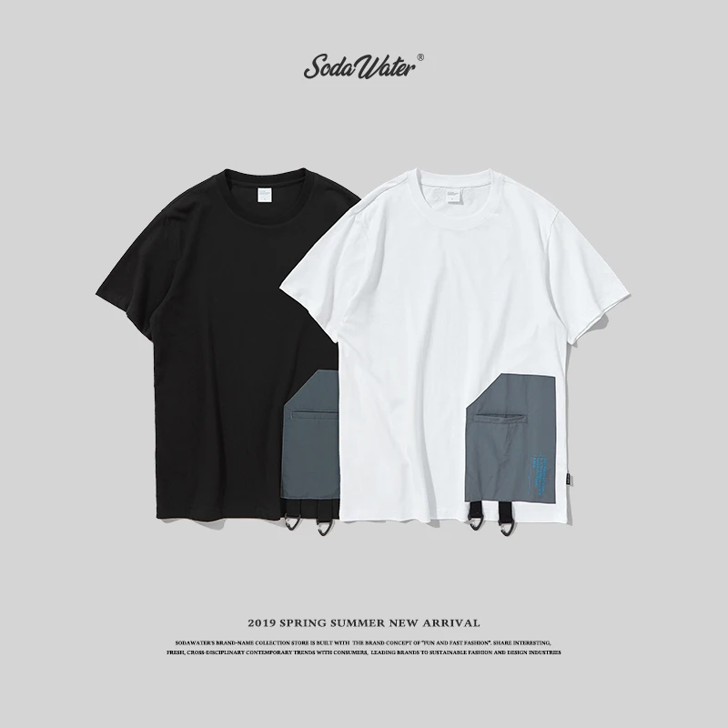 SODA WATER MEN Hip Hop Mens Clothing 2019 Patchwork Oversized Cotton T Shirt High Street Couple Short Sleeve Summer Tops 9180S