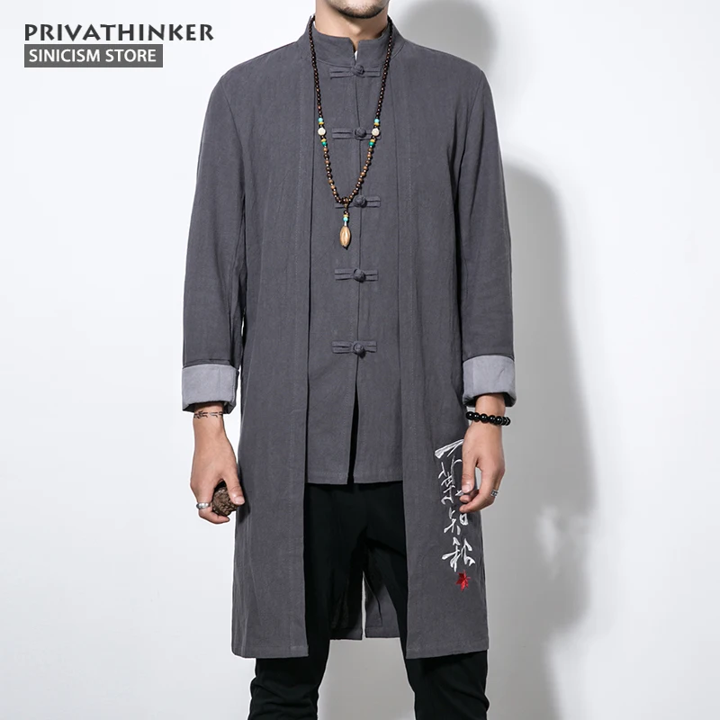 Sinicism Store 5XL длинная куртка Мужская Тренч 2017 хлопок льняная ткань мужская вышивка