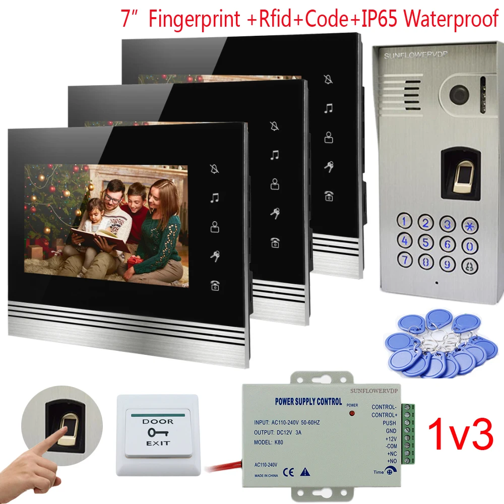 

Waterproof Intercom With A Camera Fingerprint Rfid Keypad Video Intercom Monitor 3 Unit 7" Color Lcd Home Video Phone Touch Key