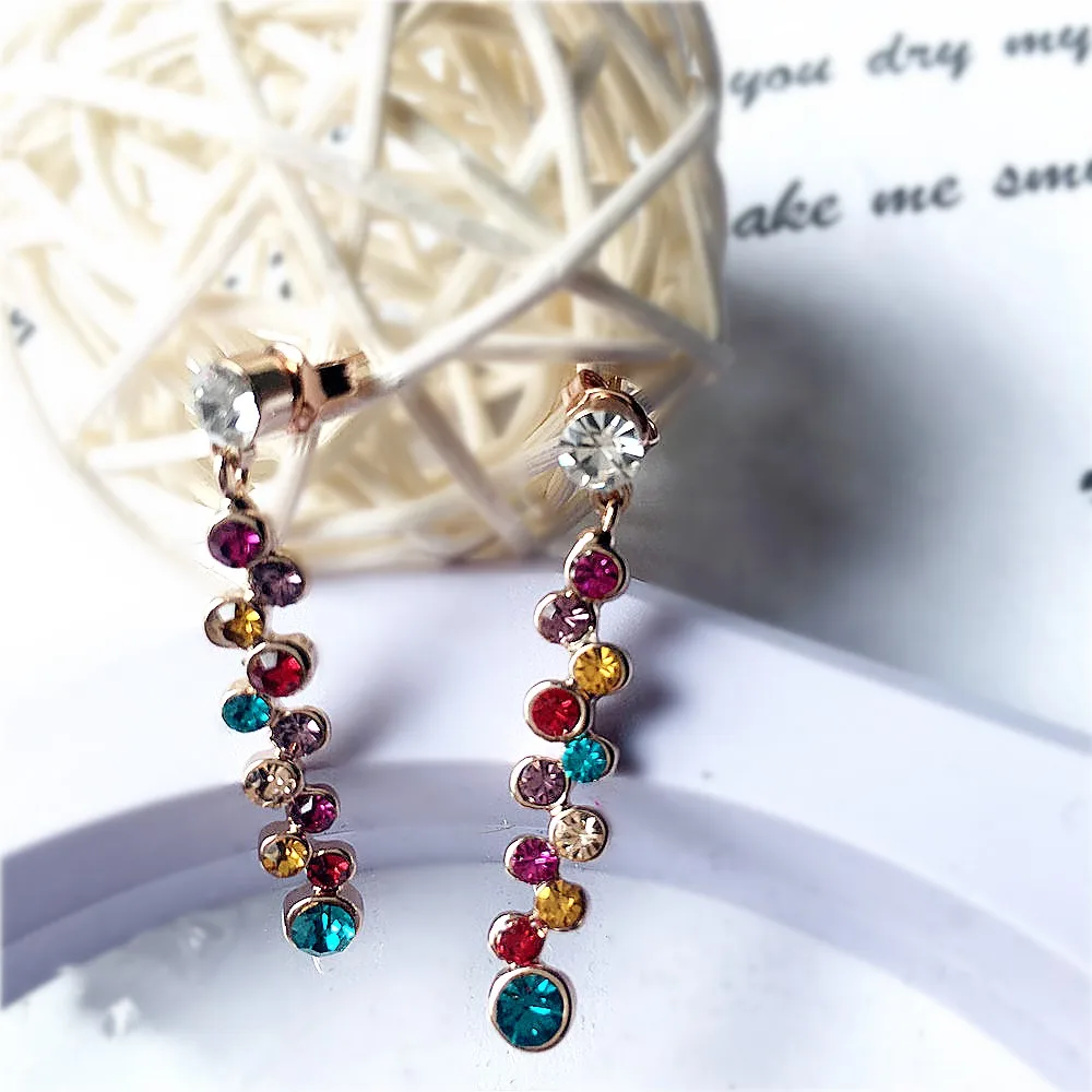 Colorful Crystal Long Pendant Earrings For Women Fashion Rose Gold