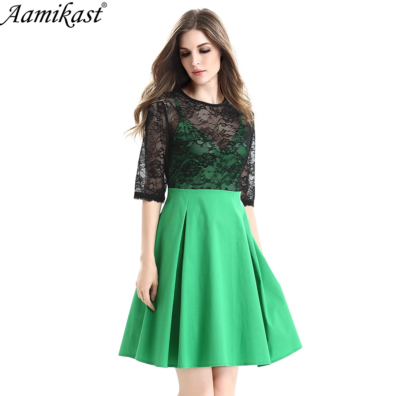 

Aamikast Womens Elegant Autumn Lace See Through O-Neck Patchwork Pleats Tunic Vintage Casual Party Swing Skater A-Line Dress