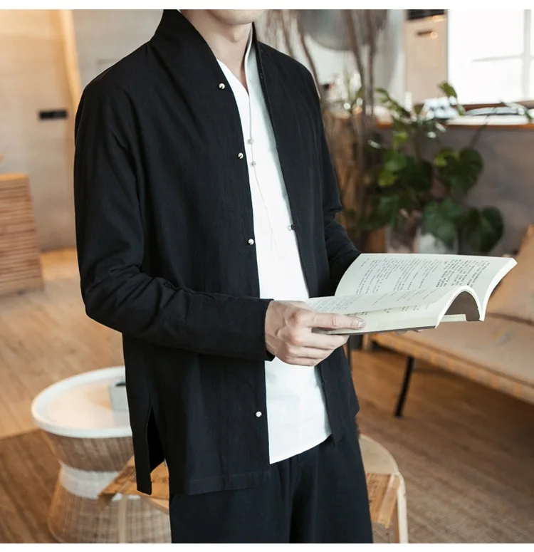 В китайском стиле Тан костюмы рубашка человек воротник-стойка Slim Fit Повседневная кунг-фу тай-чи рубашки льняная рубашка с длинным рукавом