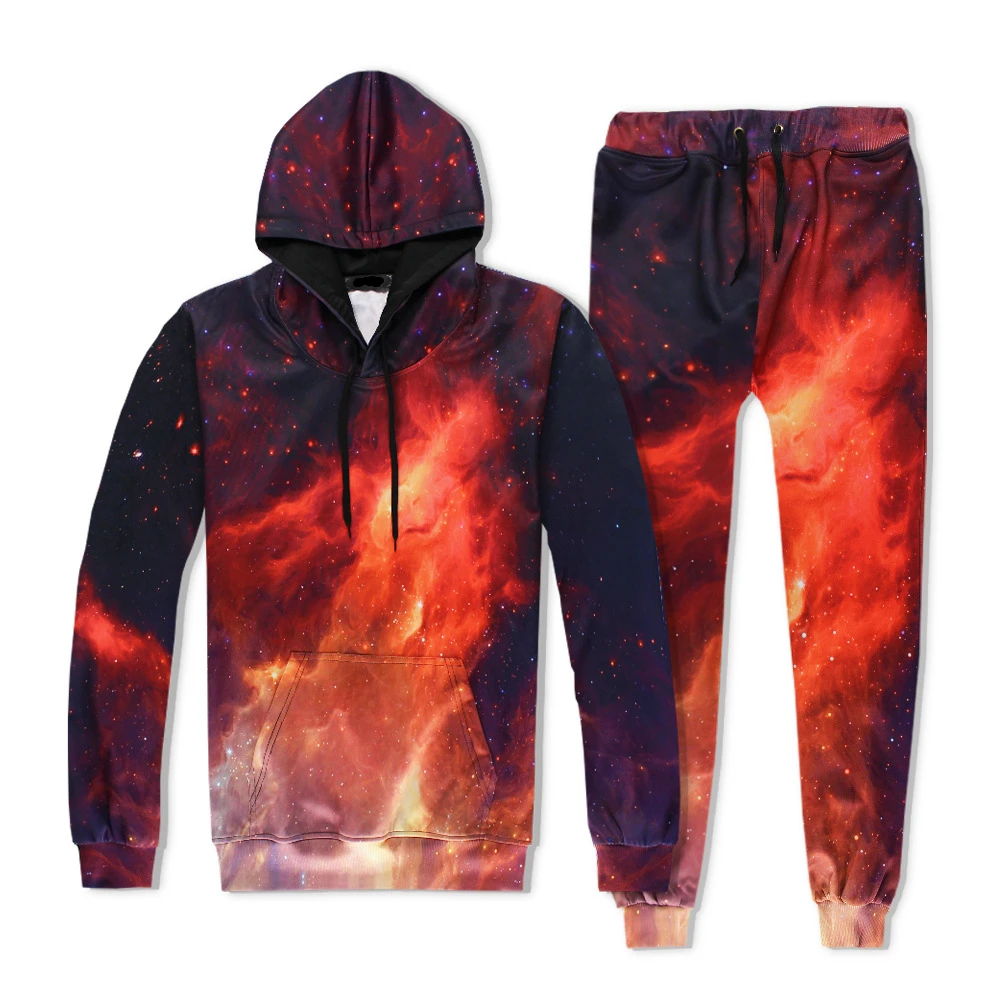 

Men Sweatshirt and Pants Tracksuit 3D Print Red Fire Space Galaxy Hooded Sets Ensemble Homme Casual Two Piece Set Brand Clothing