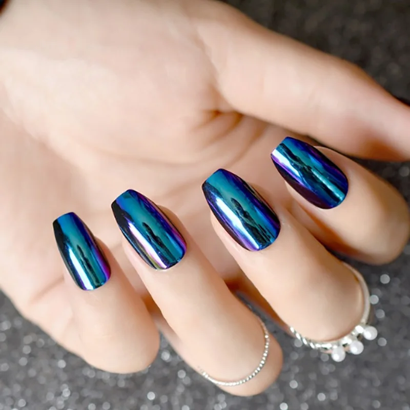 

24pcs/set 24Pcs Ballerina Coffin False Nails Unique Pattern Metal Mirror Effect Fake Nails Full Cover Bride Fake False Nails