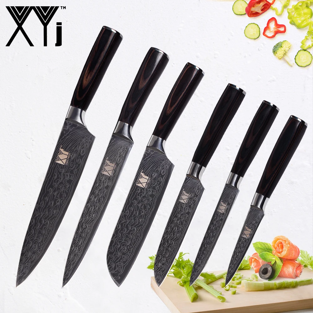 

XYj Stainless Steel Kitchen Knife Set Damascus Pattern Cooking Knives Accessories Tools Chef Slicing Santoku Utility Fruit Knife