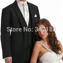 Черные смокинги для жениха с двумя пуговицами, лучшие мужские свадебные костюмы с отворотом, пиджак+ брюки+ галстук+ жилет, свадебное платье