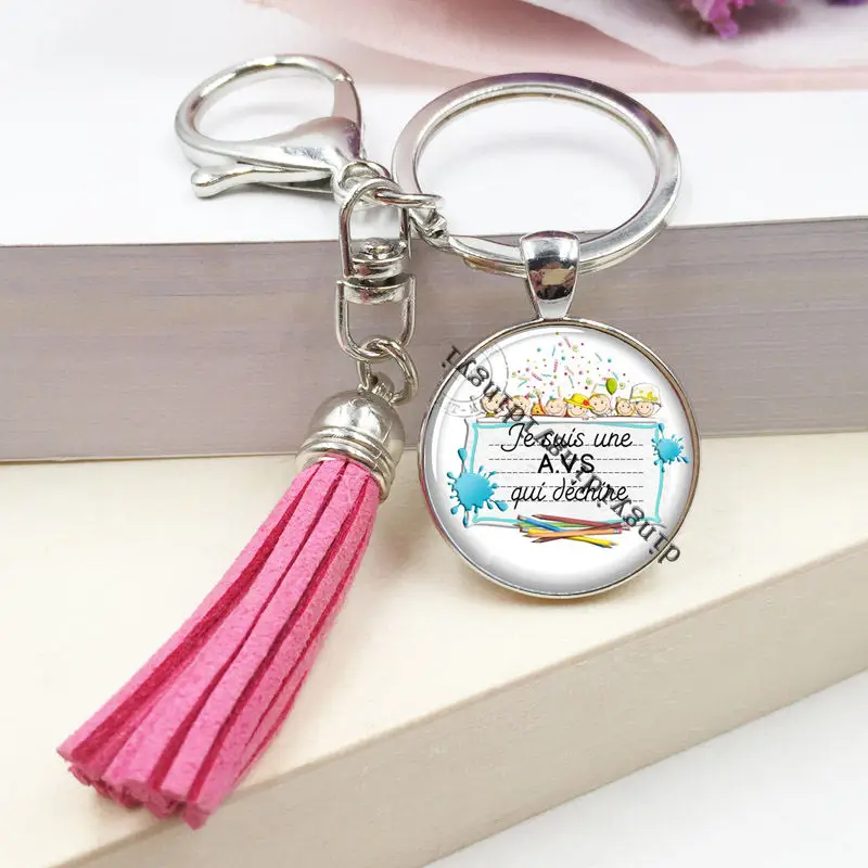 

9style je suis une avs qui dechire Tassel Key Chain Lovely Keyring Glass Cabochon Keychain Silver Handmade Keychains