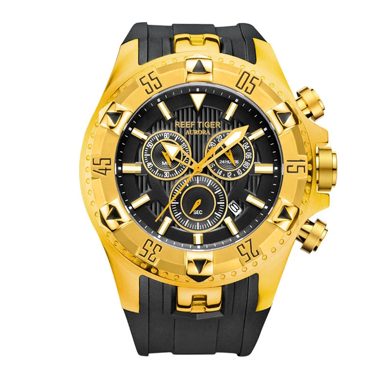 Reef Tiger/RT мужские спортивные кварцевые часы с хронографом и датой с большим циферблатом, Супер Светящиеся стальные часы из желтого золота RGA303 - Цвет: RGA303YGB