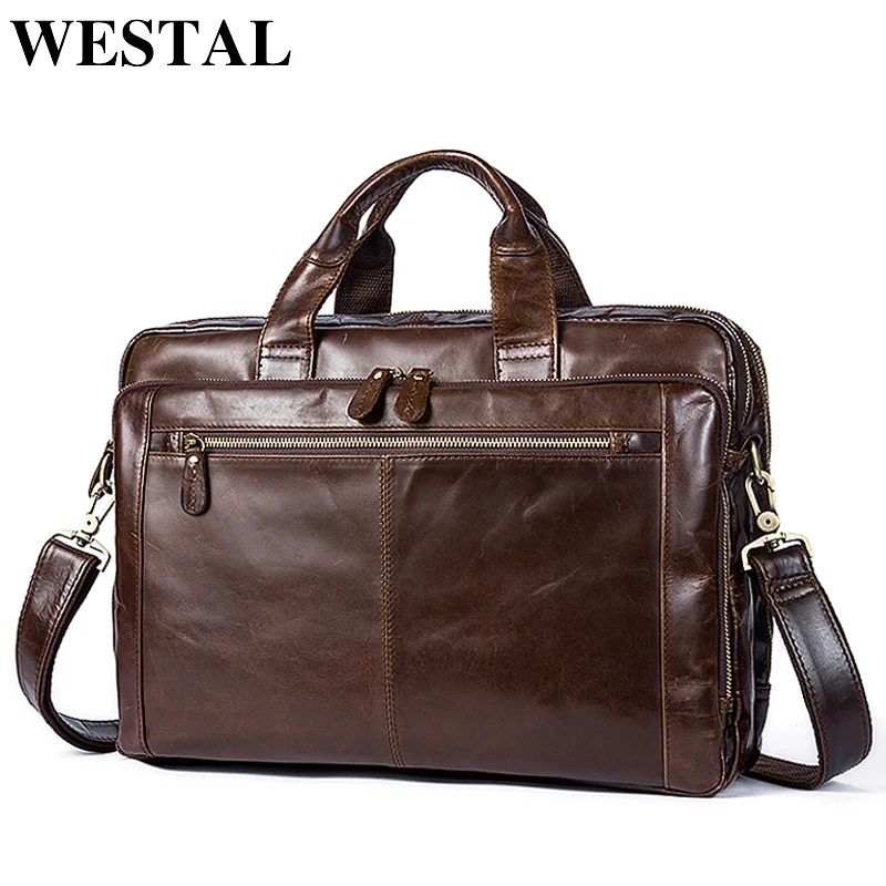 WESTAL Men's Briefcase Male Genuine Leather Men Bags Messenger Bag Leather Laptop Bag for Men Computer/ Document Bags 9207