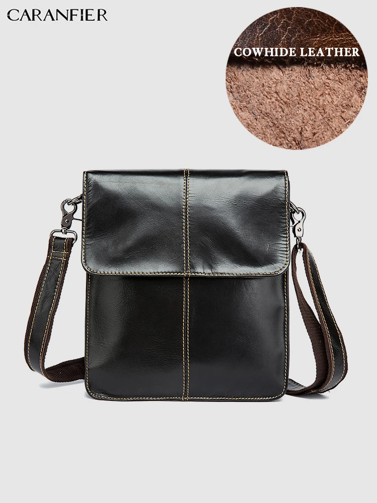 

CARANFIER Mens Solid Travel Bags Vintage Shoulder Crossbody Bags Genuine Cowhide Leather Flap Pocket Quality Messenger Small Bag