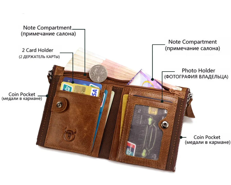 BULL КАПИТАН ДИЗАЙН ДВОЙНЫЕ марка кожа МУЖЧИНЫ кошельки на молнии КОРОТКИЕ деньги кошелек rfid карты держатель кошелек мелкая кошелек для монет Коричневый# QB06