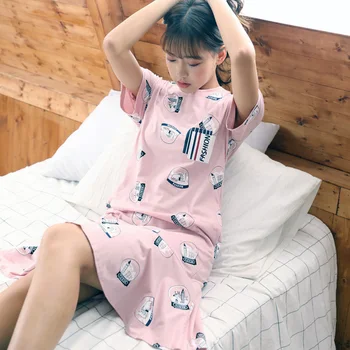 

Women Cotton Nightdress Print Sleep Dress Short Sleeve Sleepshirt Sexy Nightshirt Nightgown Sleepwear Big Yards Home Dress