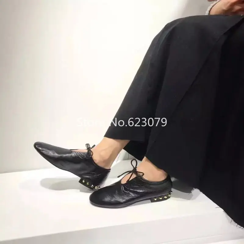 

2017 spring women's super soft leather flats round toe low heel rivet flat shoes studded cozy spring shoes women