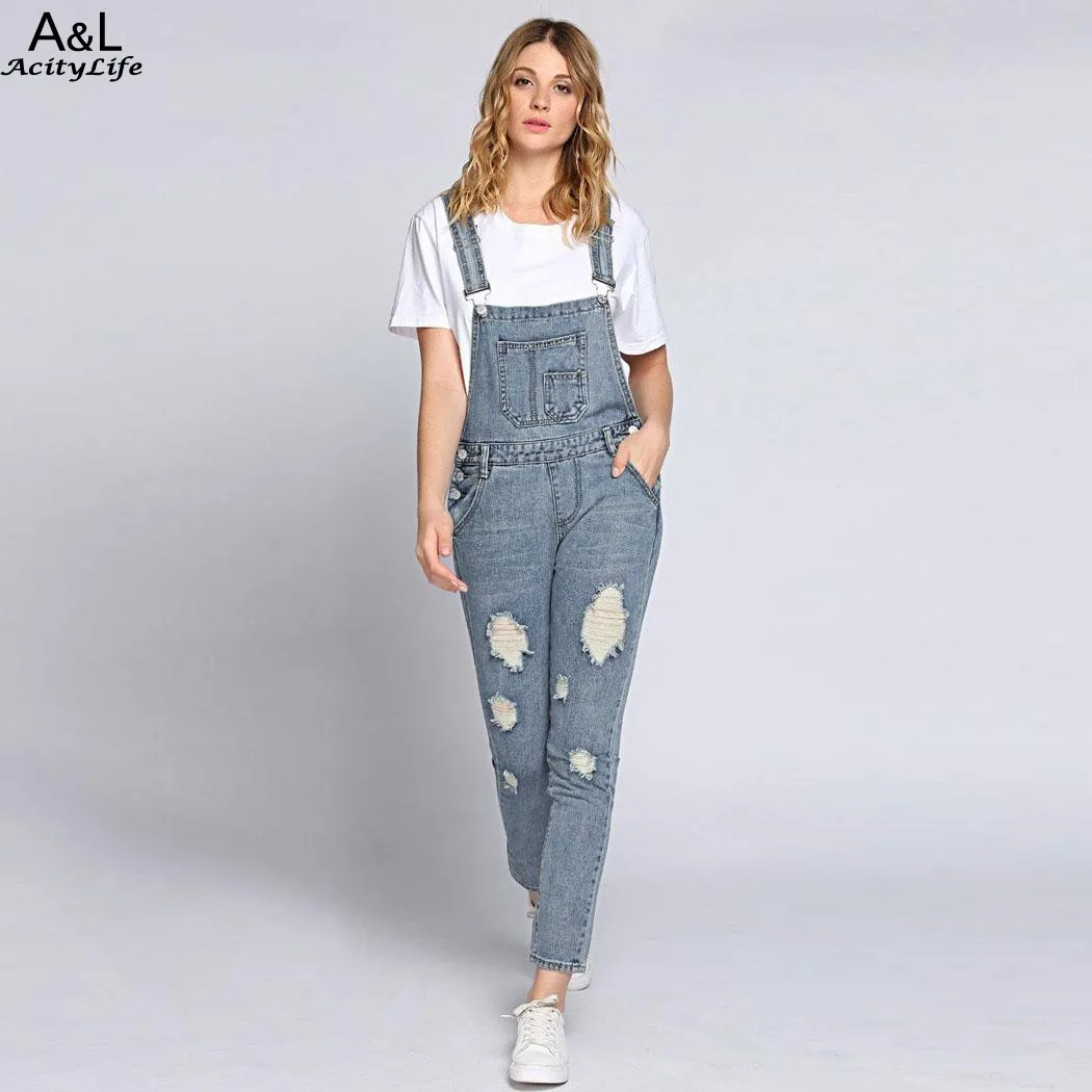 FANALA Ripped Bleach Wash Jeans Women Jumpsuits Slim Moveable Strap