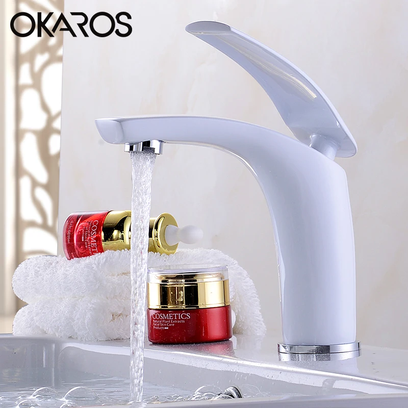Online OKAROS Waschbecken Wasserhahn Wasserhahn Bad Wasserhahn Solide Weiß Schwarz Rot Messing Chrom Gold Finish Single Griff Wasser Waschbecken Tap mixer