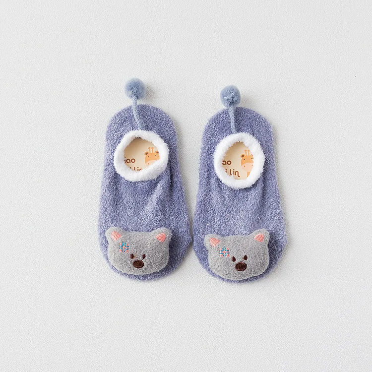 Хлопковые детские носки для девочек и мальчиков от 1 до 8 лет, весна-осень, нескользящие носки-тапочки с рисунками животных на резиновой подошве, TS162 - Цвет: gray bear