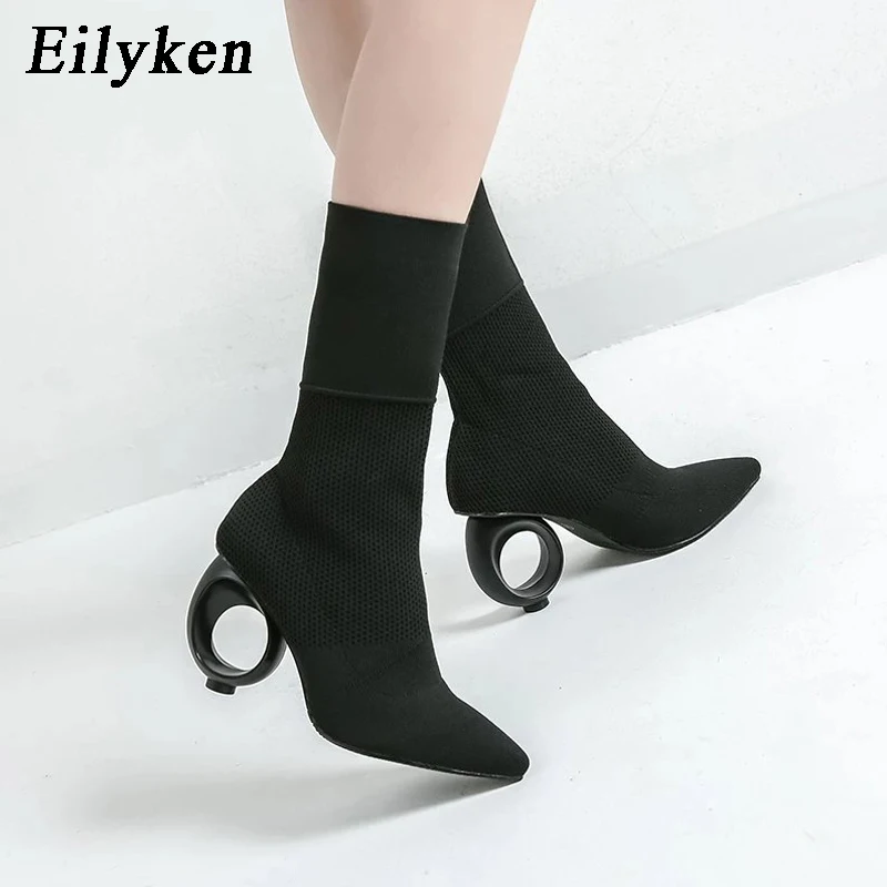 Eilyken/осень-зима; дизайн; женские сапоги до середины икры; вязаные сапоги из эластичной ткани; женские сапоги на каблуке с острым носком