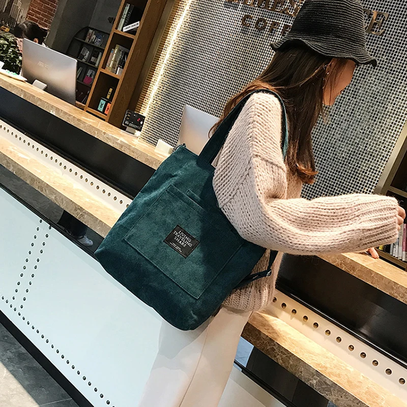  Women Corduroy Canvas Tote Ladies Casual Shoulder Bag Foldable Shopping Bags Beach Bag Cotton Cloth - 32954875885