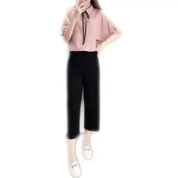 

2019 New Summer Women Elegant Batwing Sleeve Chiffon Shirt Top+Elastic Waist Flare Pant Sets Female Streewear Casual Suit Z215