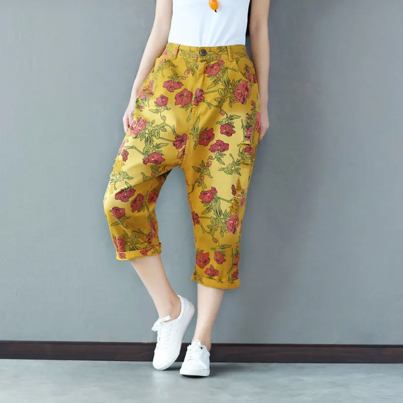 

Johnature Women Print Floral Pants Vintage Pockets Cotton Trouser 2019 Summer New Casual Elastic Waist Women Pants