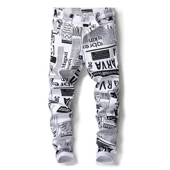 

European Style Men's Fashion 3D Newspaper Pattern Printing Slim Skinny Nightclub Jeans White Stretch Denim Pants Vaqueros Hombre