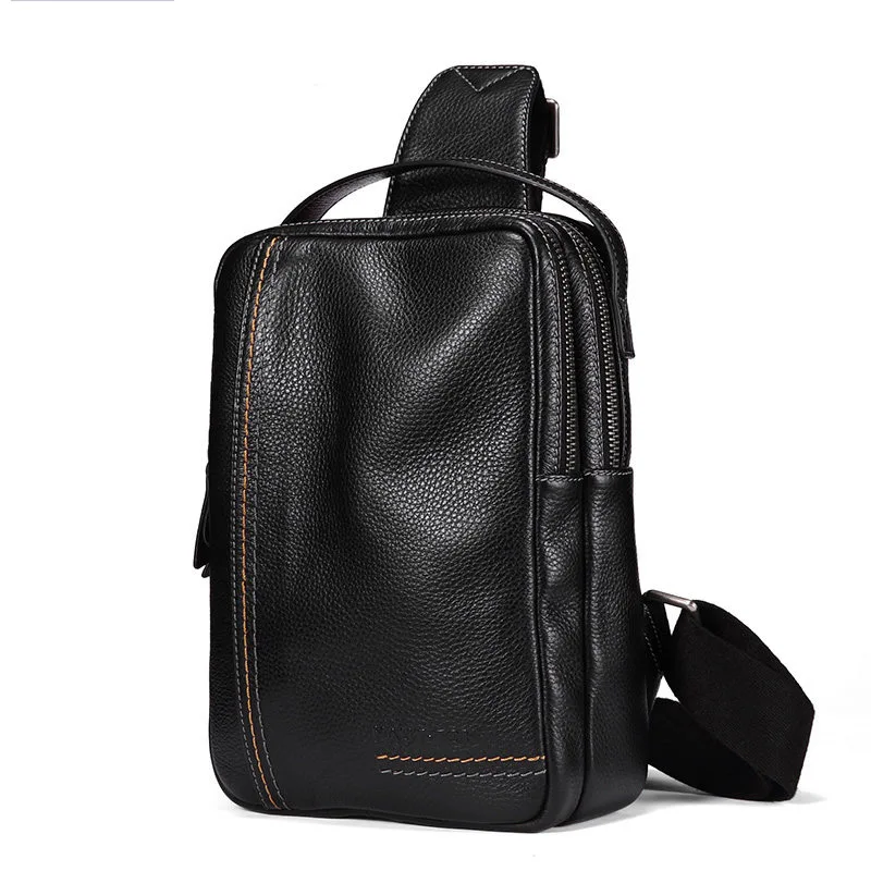 

Men's leather business large-capacity messenger bag The first layer of leather casual vertical double zipper chest bag.