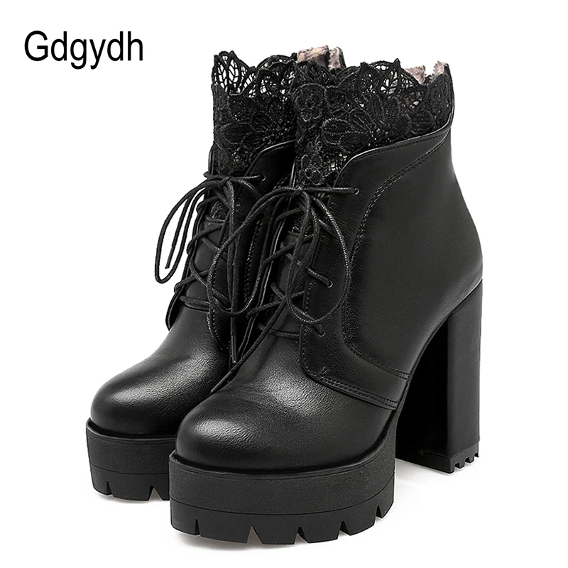 

Gdgydh 2019 Autumn Women Lacing Platform Boots High Heels Female Black Platform Heels Spring Short Boots Ladies Shoes for Party