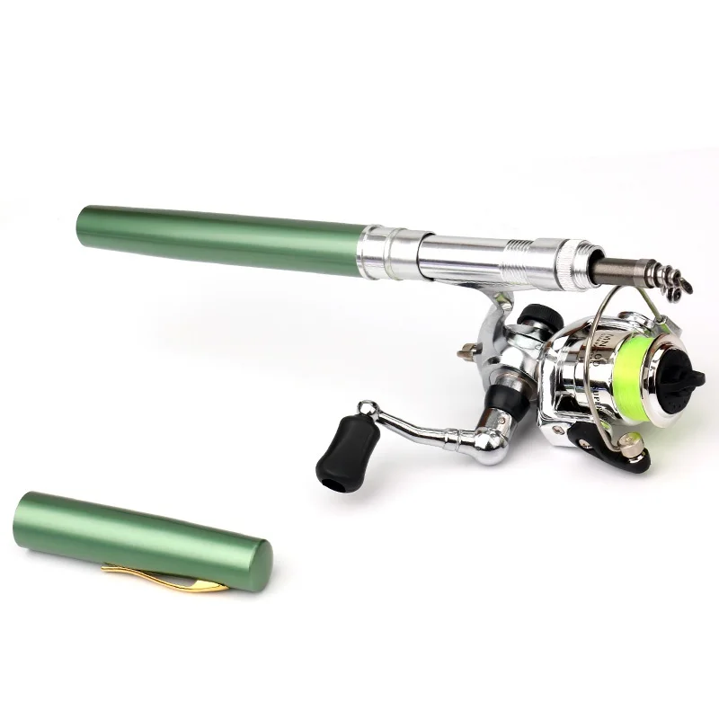 Портативный карманный мини Рыбалка комбо металлический стержень+ спиннинг катушечное колесо телескопическая удочка ручка Форма складной с коробкой - Цвет: Зеленый