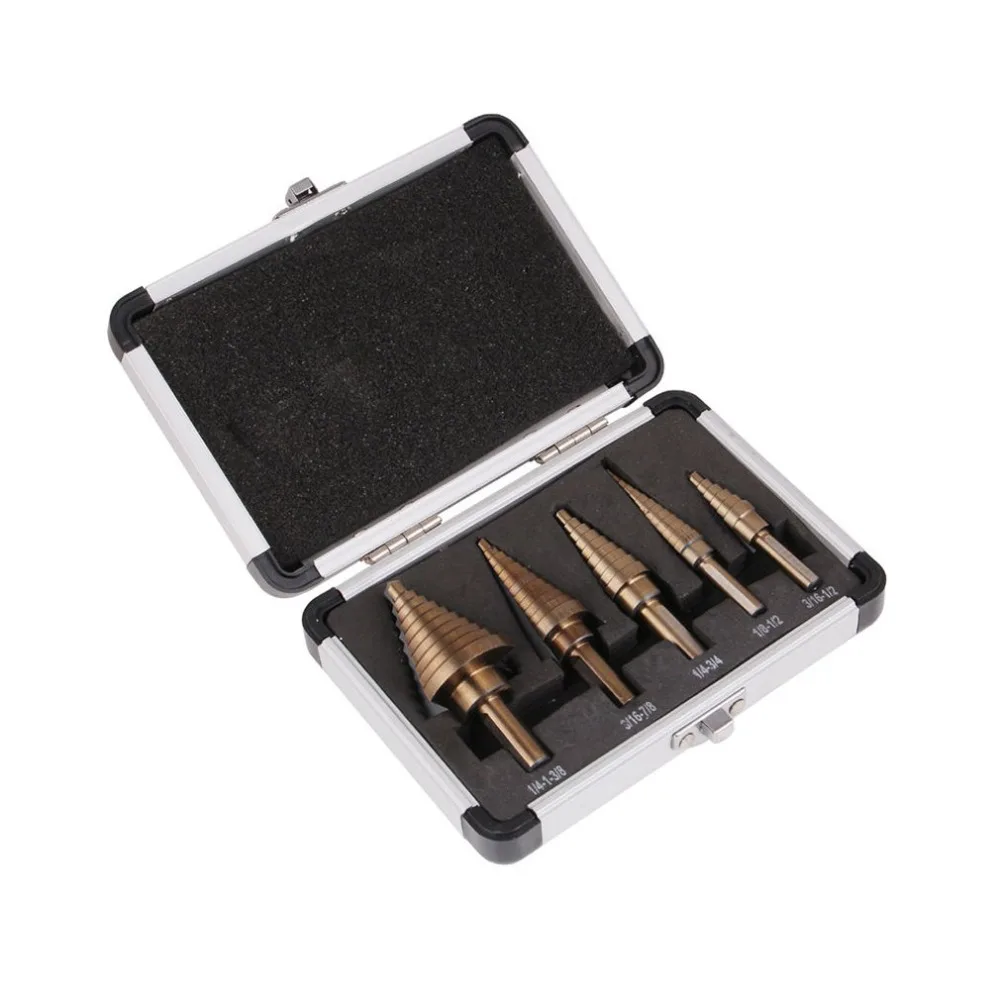 

5 in 1 HSS 50 Sizes Step Drill Bit Set Long life High Speed Steel with Cobalt Coated Cobalt Multiple Hole with Aluminum Case