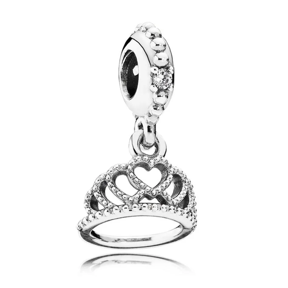 

925 Sterling Silver DIY Jewelry Love Hearts Tiara Crown Dangle Charm fit Pandora Bracelet Bangle Clear CZ