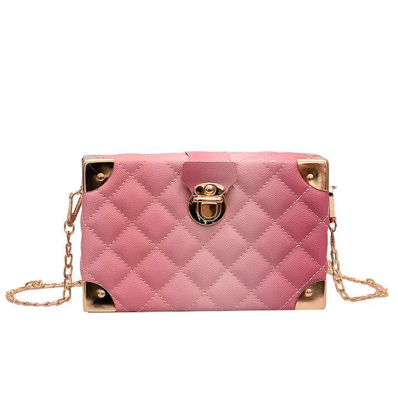 

Fashion woman contrast color square handbags korea style pu sewing chains functional crossbody bag