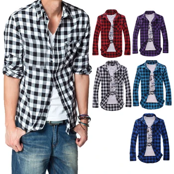 

Hot Men's Cotton Turn-down Collar Plaid Double Beasted Full Sleeves Casual Shirt 7GJR