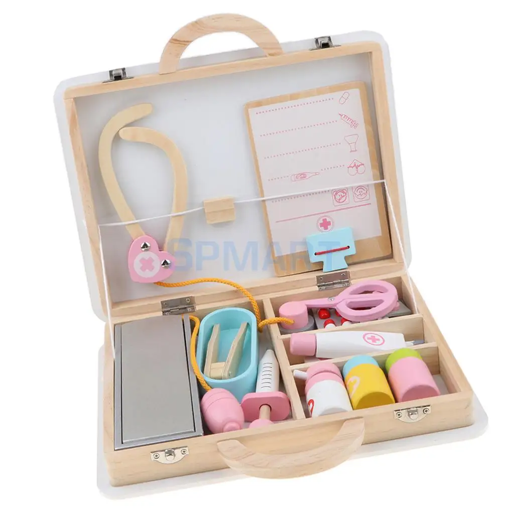 15 Pieces Wooden Doctor Nurse Medical Box Carry Case Suitcase Children Role Playing Set Kids Early Educational Toy Play Activity