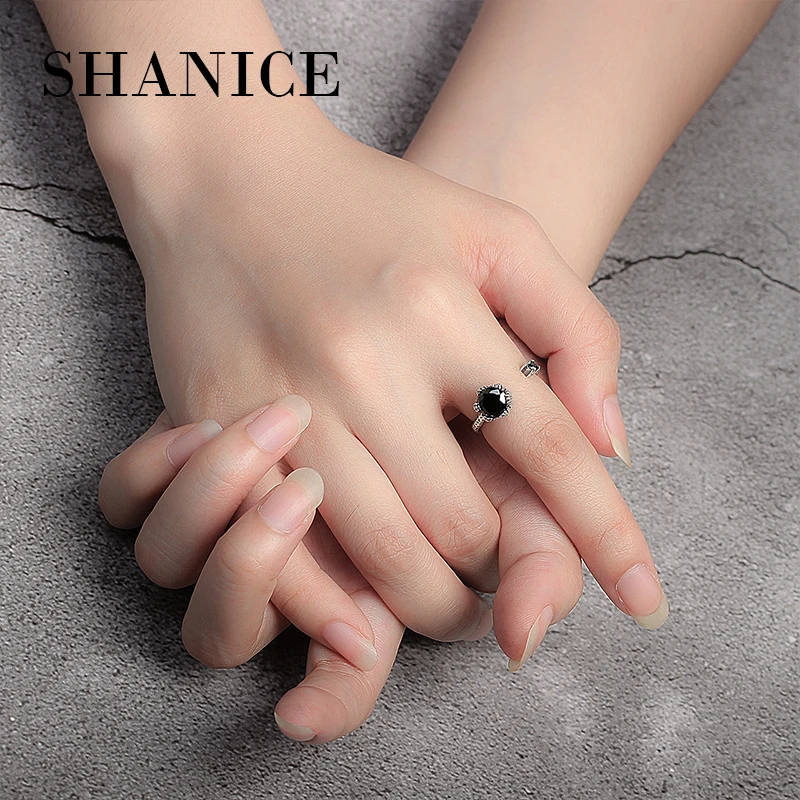 

SHANICE 100% 925 Sterling Silver Jewelry Round Black and Clear Zircon Flower Pattern Open Rings for Women bijoux en argent 925