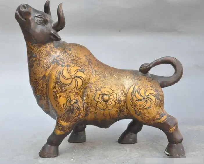 

S00499 11"China fengshui bronze wealth zodiac ox Bovine Bull Cattle animal lucky statue B0403