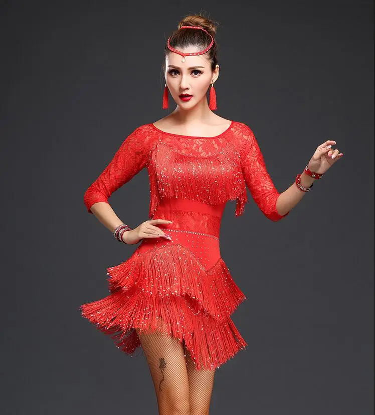 new Girls Kids adult Modern Ballroom Latin Dance Dress tassel Fringe Salsa Tango Dance Wear Black Performance Stage Wear - Цвет: Red Long sleeve