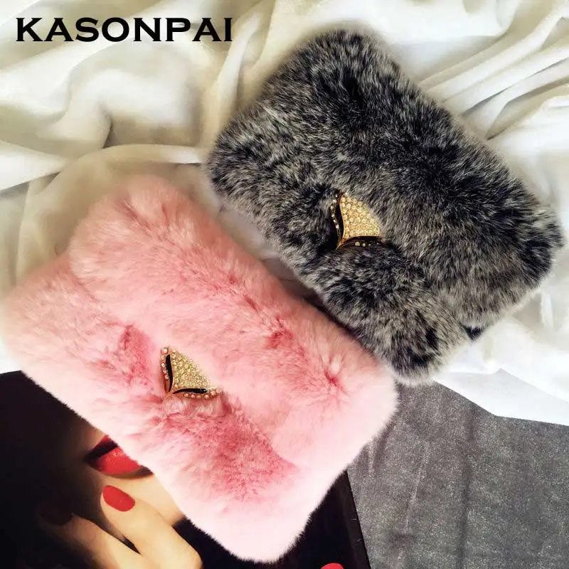 

KASONPAI Real Top Rex Rabbit Hair Fur Plush Bling Flip Diamond Leather Case For iphone 6 Case For iphone 6S 7 8 Plus Wallet Case