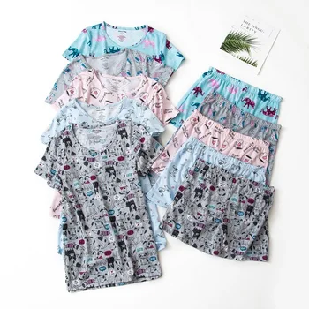 

Summer Short Sleeve Sleepwear Female Lady Lovely Cotton Shorts Pajamas Set Cartoon Women Sleep Homewear Bathrobe Pijamas Suits