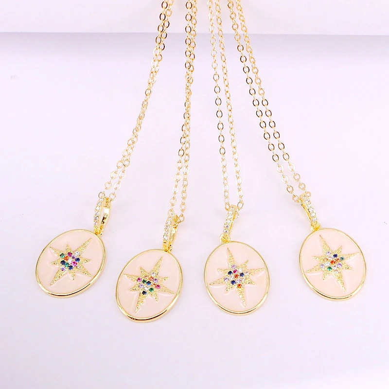 

6PCS, Fashion Metal Filled CZ Micro Pave Copper Oval Shaped Colorful Zirconia Enamel Pendant Elegant Necklaces