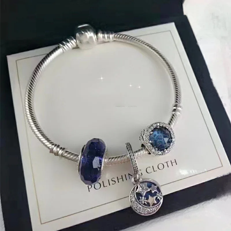 

Fits Jewelry Charm DIY Women Jewelry lover Gift Sterling Silver 925 Ocean Heart Opal Blue Star Month Finished Original Bracelet