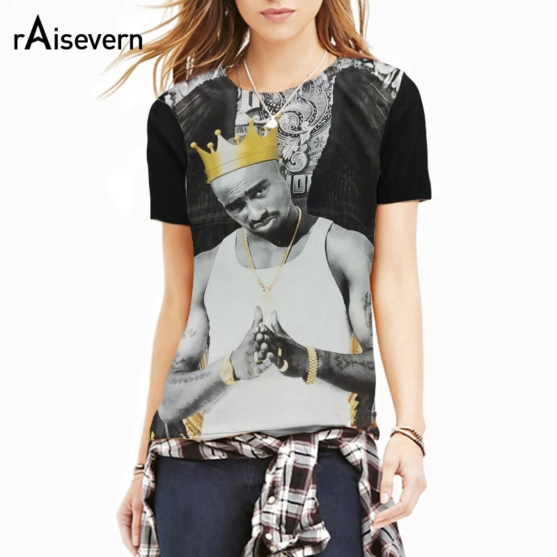 

Raisevern Fashion 3D Tee Shirt Tops Tupac 2pac Wearing Golden Crown T Shirt Top Hip Hop Clothes Short Sleeved Summer Clothing