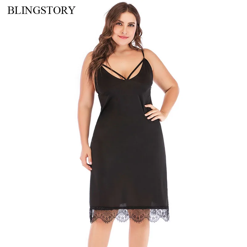 

BLINGSTORY New Sexy Deep V-neck Sling Dress Pajama Lace Nightdress Large Size Women's Dress XL-4XL