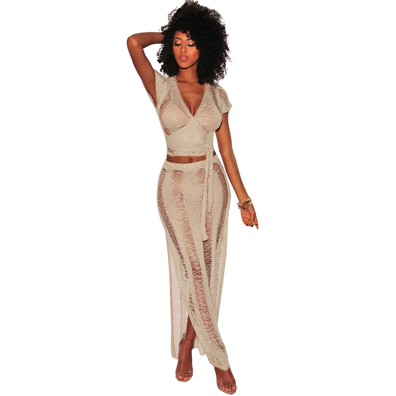 

Sexy Women Two Piece Set Sheer Knitted Crop Top V Neck Bodycon Slim Split Long Skirt Solid Suits Beach Outfits Top Skirt Set