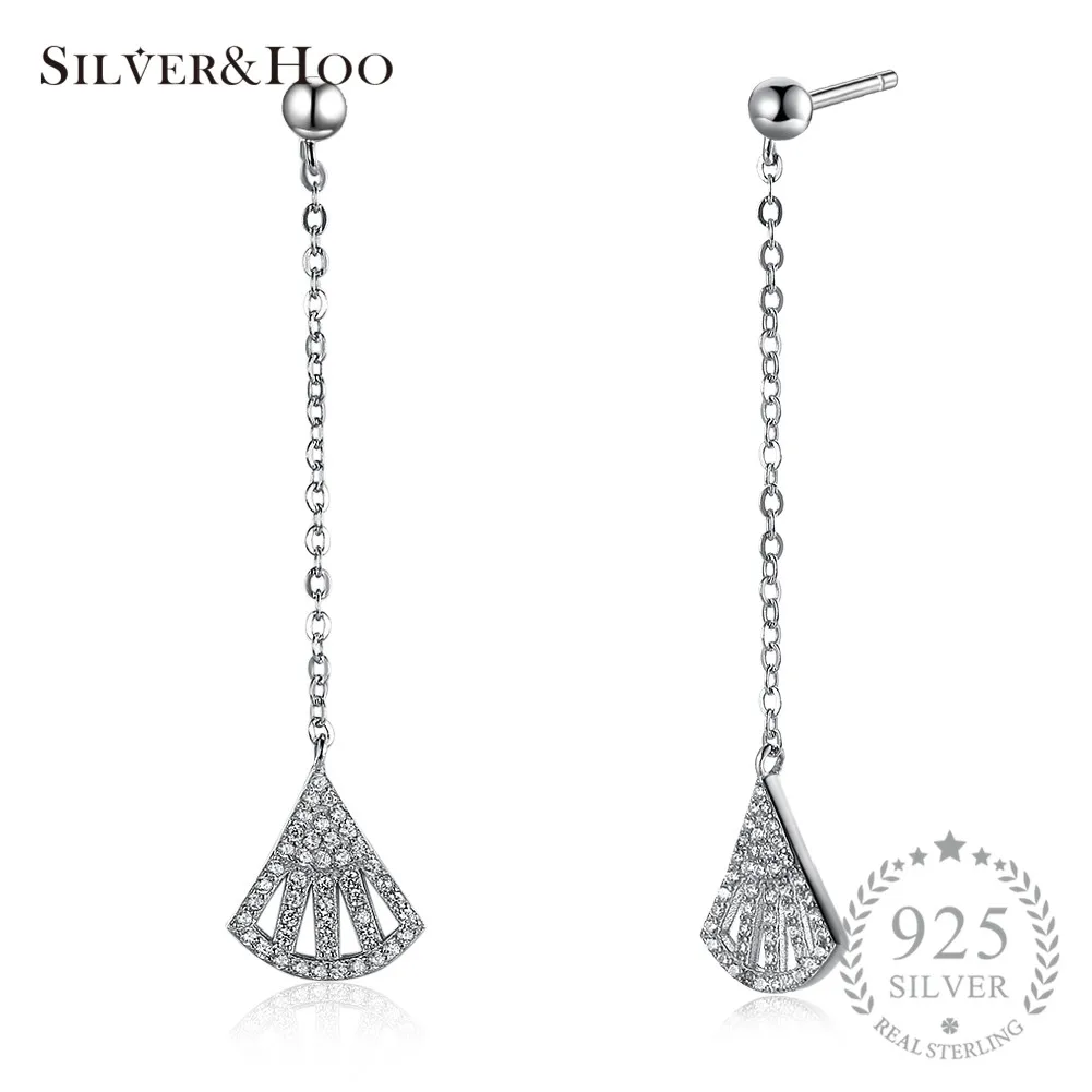 

SILVERHOO Long Chain Design Stud Earrings 925 Sterling Silver Zircon for Women Lady Elegant Sector Fan Geometric Vintage