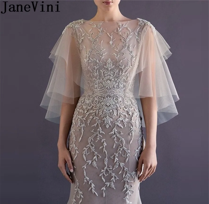 

JaneVini Elegant Wedding Bridal Lace Bolero Wraps Cape Dress Two Layers Soft Tulle Lace Sequined Women Bolero Chaquetas De Mujer