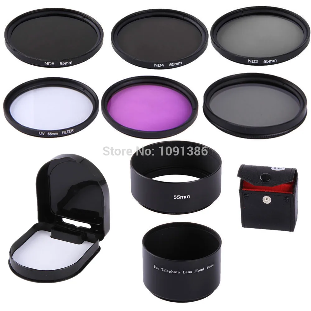 55mm UV CPL FLD ND2 ND4 ND8 Lens Filter + 55 mm standard metal Hood + telephoto lens hood For